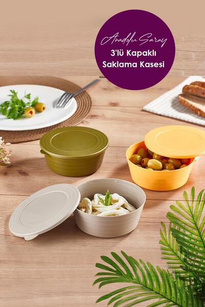 Anadolu Saray Çarşısı Practical 3-Piece Plastic Storage Container with Lid| Round Storage Container Set with Colorful Lid