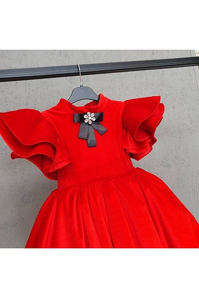 SCSTİL Red Velvet Sleeves Flounce Dress