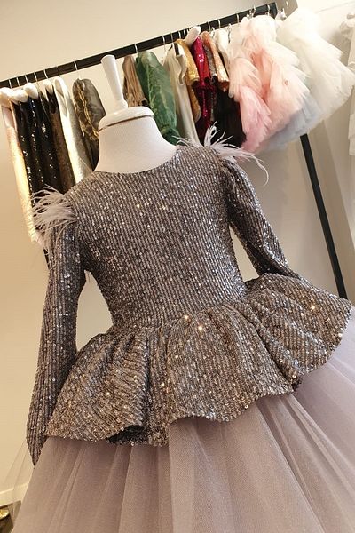 SCSTİL Gray Sequined Peplum Kids Evening Dress