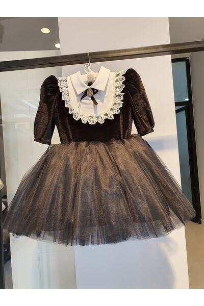 SCSTİL Kız Çocuk Siyah Kadife Dantel Detaylı Elbise