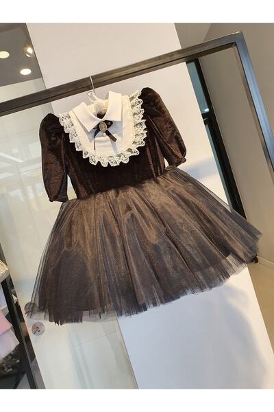 SCSTİL Kız Çocuk Siyah Kadife Dantel Detaylı Elbise