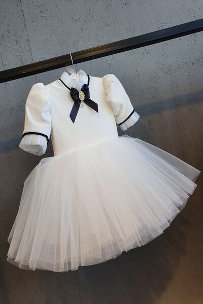 SCSTİL Girl's White Bow Velvet Dress