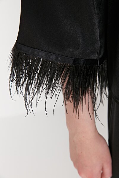 Trendyol Collection Black Feather Detailed Satin Shirt-Pants Woven Pajama Set THMAW23PT00086