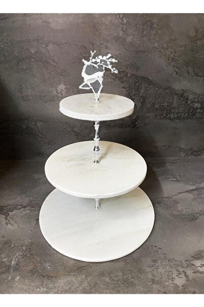 Modestmar Natural Marble 3-Piece Cake Holder with Silver Deer Object