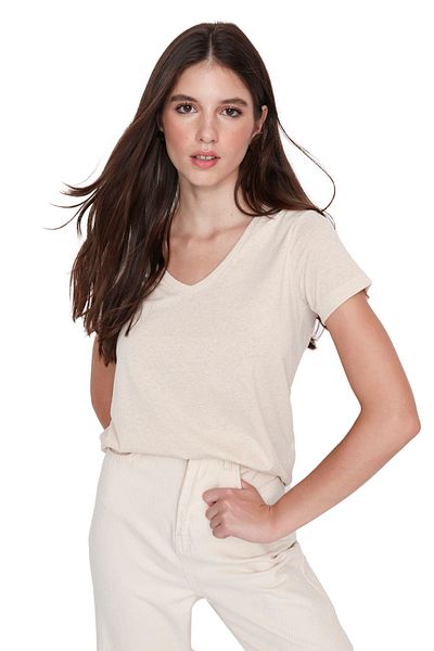 Trendyol Collection Тъмнокафяво-бежова плетена тениска с единично трико с V-образно деколте TWOSS20TS0142