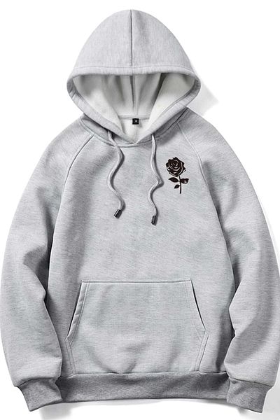MODAGEN Unisex šedá mikina s kapucí na levé hrudi Rose Detailed Oversize