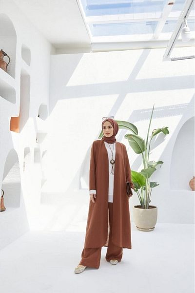 NS Moda طقم حجاب كتان 3 قطع بني موديل-452