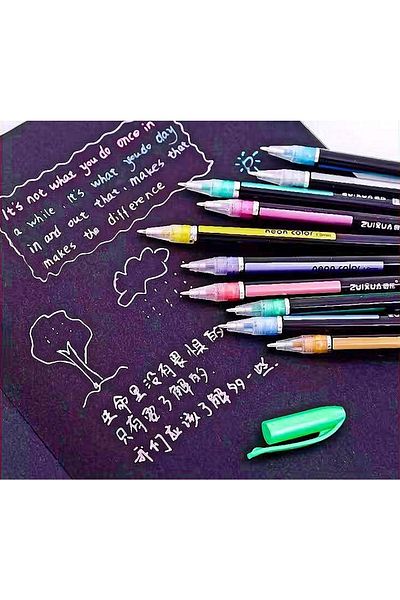 Adil Baba Set of 12 Neon Colored Metallic Pastel Gel Pens - for Office, School and Stationery