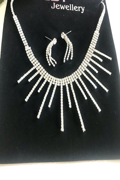 alsaccessories Abiye Gümüş Renk Zirkon Taşlı Uçları Uzun Gelin, Nişan Ve Özel Gün Kolye Ve Küpe Choker Set