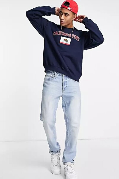 MODAGEN Férfi sötétkék, Kalifornia államban nyomtatott túlméretes pulóver