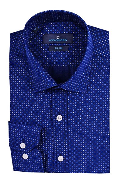 Ottomoda Erkek Desenli Lacivert Uzun Kollu Slim Fit Gömlek, Ot-cp-20069