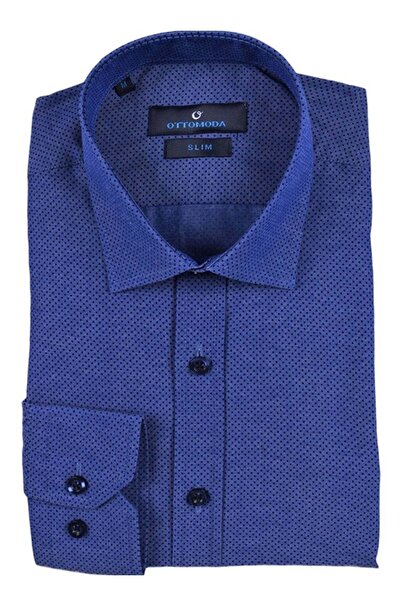 Ottomoda Erkek Mavi-lacivert Baskılı Uzun Kollu Slim Fit Gömlekot-cp-20035