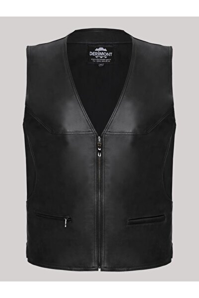 Derimont's Hakiki Deri Hakiki Deri Siyah Fermuarlı Erkek Yelek