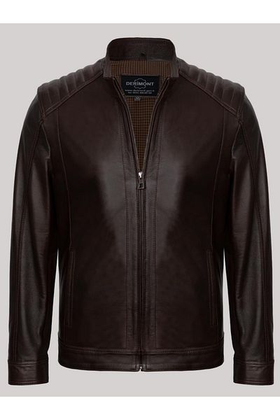Derimont's Genuine Lambskin Brown Shoulder Straight Striped Zippered Men's Leather Coat