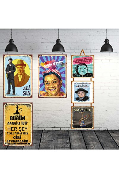 TAKIFİX Ali Şen & Adile Naşit Nargile Seti 3 Adet 20x30 Cm 3 Adet 15x15 Cm Retro Ahşap Tablo