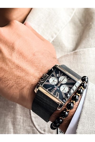 Reward Square Dial, Mesh Strap Black Color Functions Active Men's Wristwatch+bracelet