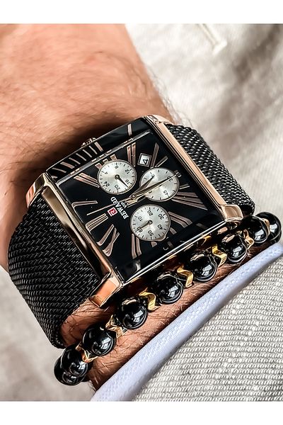 Reward Square Dial, Mesh Strap Black Color Functions Active Men's Wristwatch+bracelet