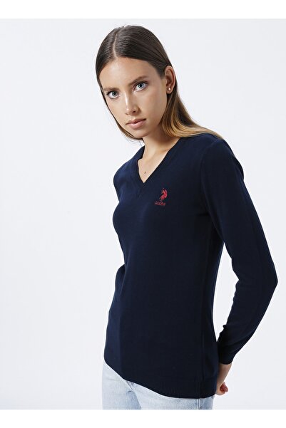 U.S. Polo Assn. Pulover de damă cu decolteu în V, uni, bleumarin Gtd02-bsk22