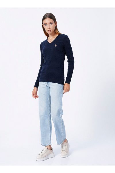 U.S. Polo Assn. Γυναικείο πουλόβερ με λαιμόκοψη σε μασίφ Navy Blue Tk03-bsk22