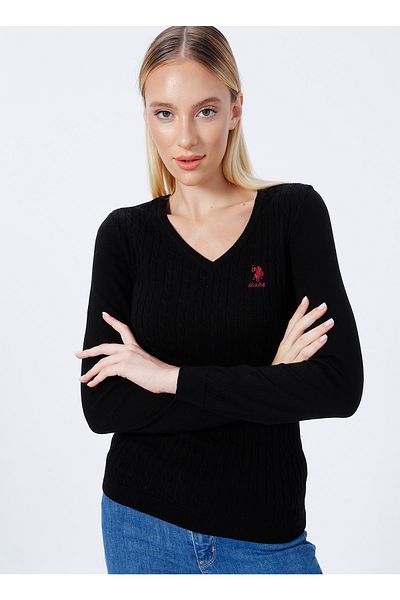 U.S. Polo Assn. Pulover de damă negru cu decolteu în V Ytk03-bsk22