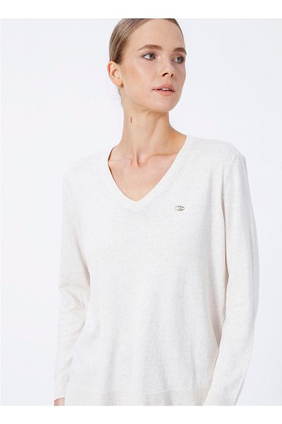 U.S. Polo Assn. V-Neck Ecru Women's Sweater Orınav-sk22