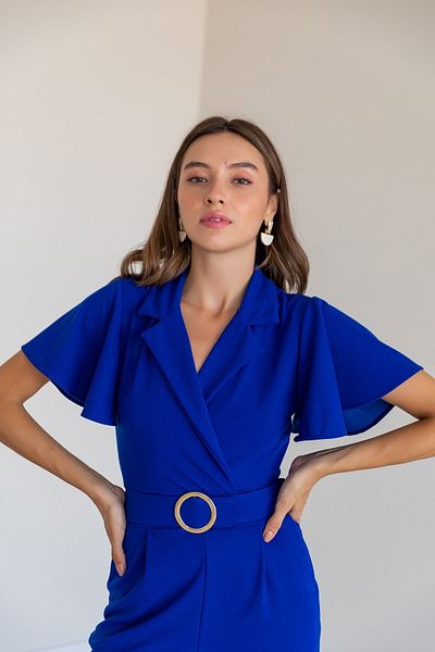 lovebox Flexible Crepe Fabric Sleeves Flounce Belt Double Breasted Collar Pocket Blue Evening Dress Business Style 065