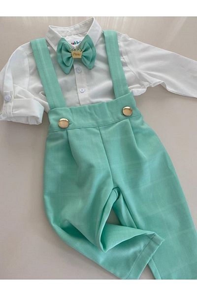 tubibebe Aqua Green Pleated Salopet + Shirt + Bow Tie