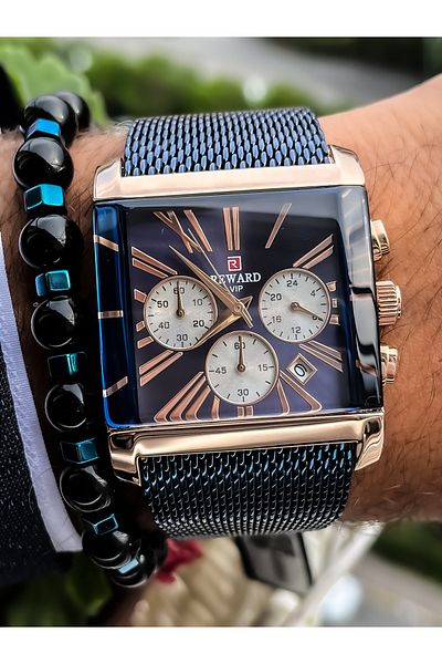Reward Square Dial, Wicker Navy Blue Color Functions Active Men's Wristwatch + bracelet