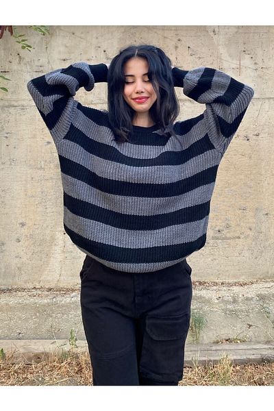 Touz Unisex Oversize Streetwear - Pulover cu dungi gri negru