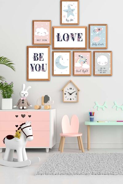 no77decor 8 Parça Çocuk Odası Suluboya Tarzında Ahşap Çerçeve Görünümlü Uv Ba...