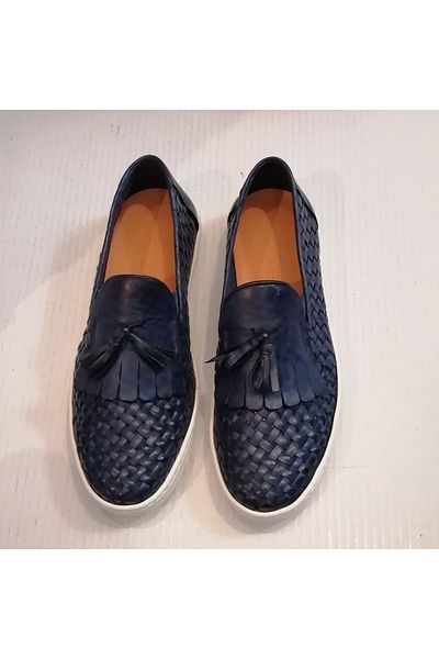 Ernesto Dolani Unisex Genuine Leather Burning Navy Blue Antique Hand Knitted Tassel Pompom Rubber Sole Loafer