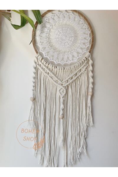 Bohem Shop El Yapımı Büyük Boy Dantelli Tüylü Düş Kapanı Rüya Kapanı Duvar De...