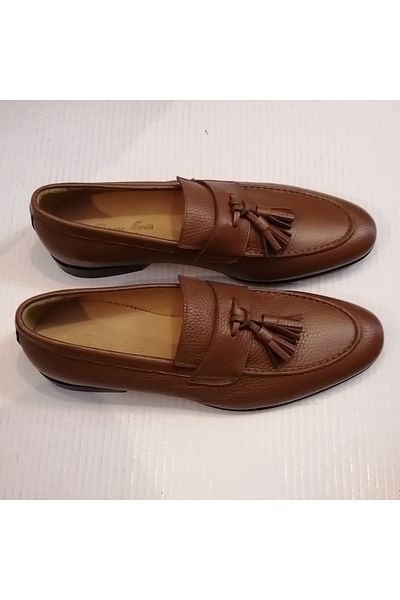 Roberto Morelli Unisex Genuine Leather Light Brown Banded Pompom Soft Genuine Leather Sole Loafer