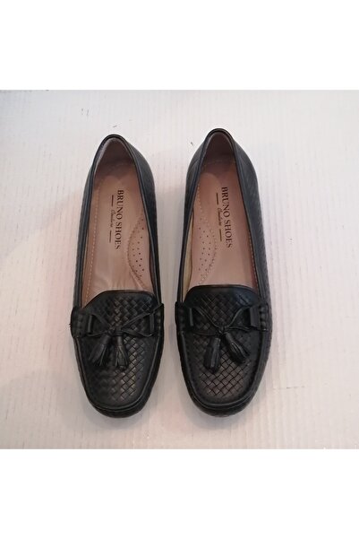 Bruno Kadın Deri Siyah Örgü Baskı El Dikişli Ponponlu Çok Yumuşak Kauçuk Dolg...