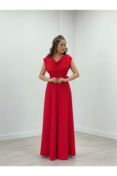 giyimmasalı Crepe Fabric Degaje Collar Dress - Red