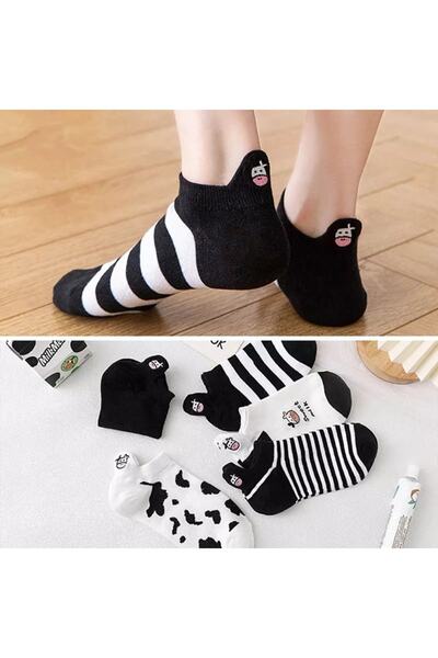 çorapkolik Комплект от 5 дамски черно-бели бродирани памучни чорапи до глезена с шарка на крава