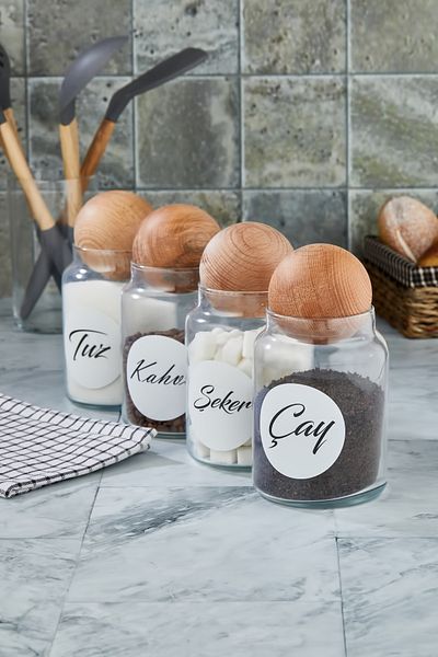 FBZhome 4-Piece Wooden Ball Lid Tea Sugar Coffee Salt Storage Container 800 Ml Labeled Glass Jar