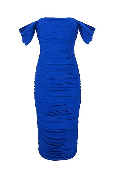 Whenever Company Saks Blue Degaje Degaje s nízkým rukávem nařasené midi šaty