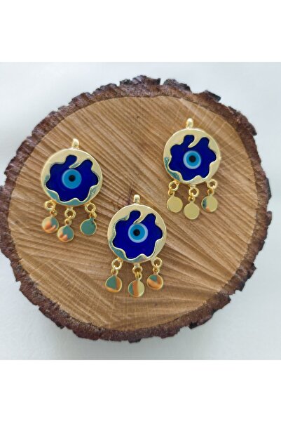 Bonanka Murano Cam Altın Kaplama Çerçeveli Nazar Kolye Küpe Ucu - Lacivert Re...