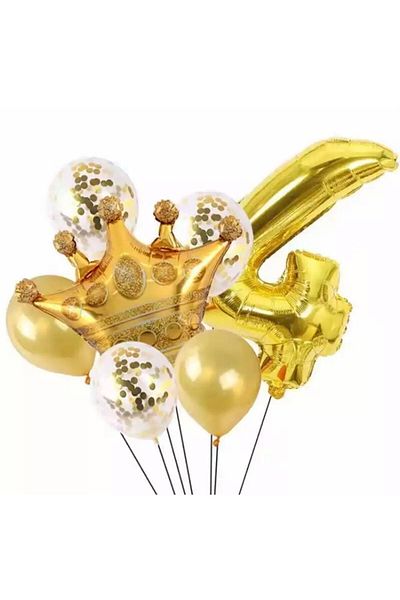 DÜVENCİ TİCARET Gold 4 Year Old King Crown Foil Balloon Set