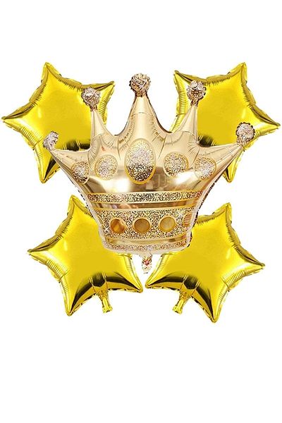 DÜVENCİ TİCARET Gold King Crown Foil 1 Piece 24 Inch 4 Pieces 18 Inch Gold Star Foil Balloon Set