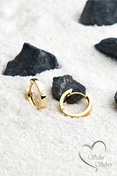 SS Selin Silver Modern Damgalı Halka Küpe Gold Renk 925 Ayar Gümüş Küpe