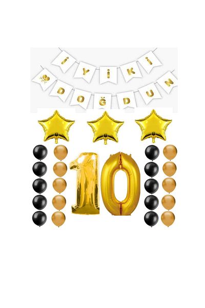 BEST PARTİ DOĞUM GÜNÜ PARTİ SÜSLERİ 10 Year Old Gold Color Birthday Party Set with Happy Birthday Written