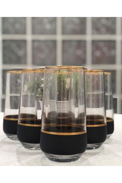 P H Panayır Home Lav Allegra Water Soft Drink Glass, Water Glass for 6 People with Gold Detail and Black Stripe 470 Cc