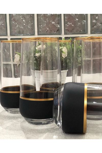 P H Panayır Home Lav Allegra Water Soft Drink Glass, Water Glass for 6 People with Gold Detail and Black Stripe 470 Cc