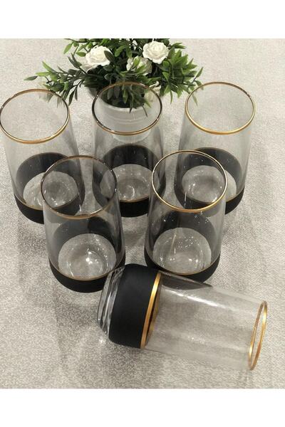 P H Panayır Home Lav Allegra Water Soft Drink Glass, Water Glass for 6 People with Gold Detail and Black Stripe 470 Cc