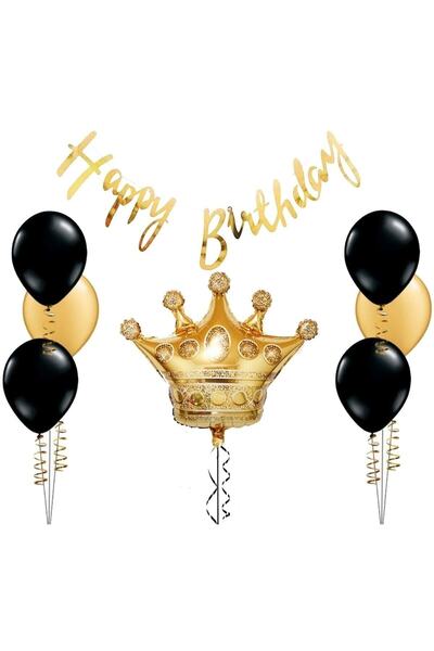 DÜVENCİ TİCARET King Crown Foil Balloon Gold Happy Birthday Calligraphy Banne...