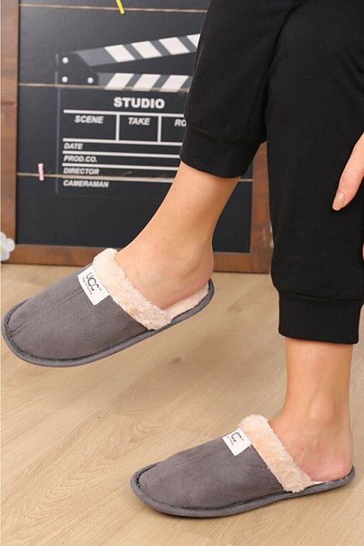 Yurtsevermoda Αφράτες παντόφλες σπιτιού χωρίς ήχο με γούνα στο εσωτερικό