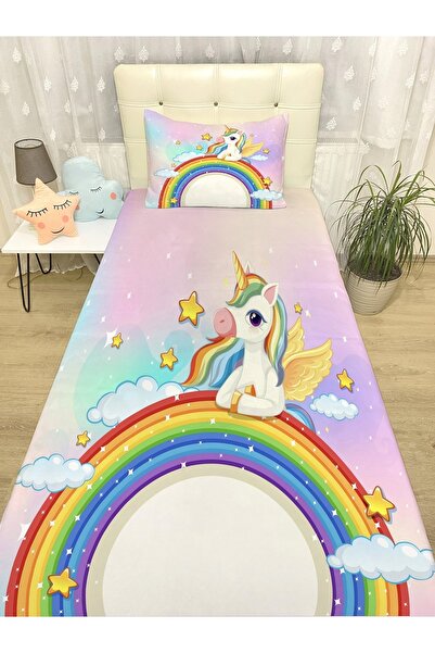 EVPANYA Gökkuşağı Üstünde Unicorn Desenli Yatak Örtüsü Ve Yastık