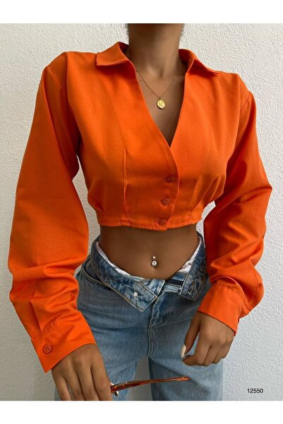 Çnru Crop Boy Önden Düğmeli Oversize Uzun Kol Gömlek
